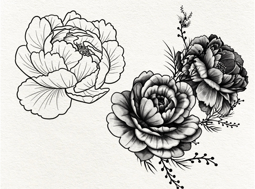30 Peony Tattoo Brushes – Stamp Set for Procreate, Photoshop & CSP | Collection 2022