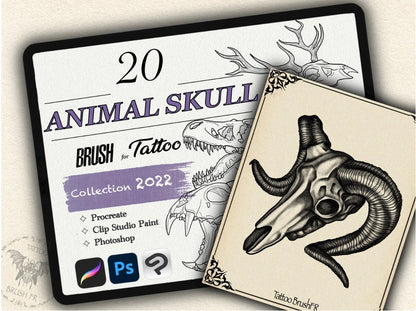 20 Animal Skull Tattoo Brushes – Stamp Set for Procreate, Photoshop & CSP | Collection 2022