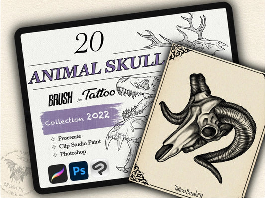 20 Animal Skull Tattoo Brushes – Stamp Set for Procreate, Photoshop & CSP | Collection 2022
