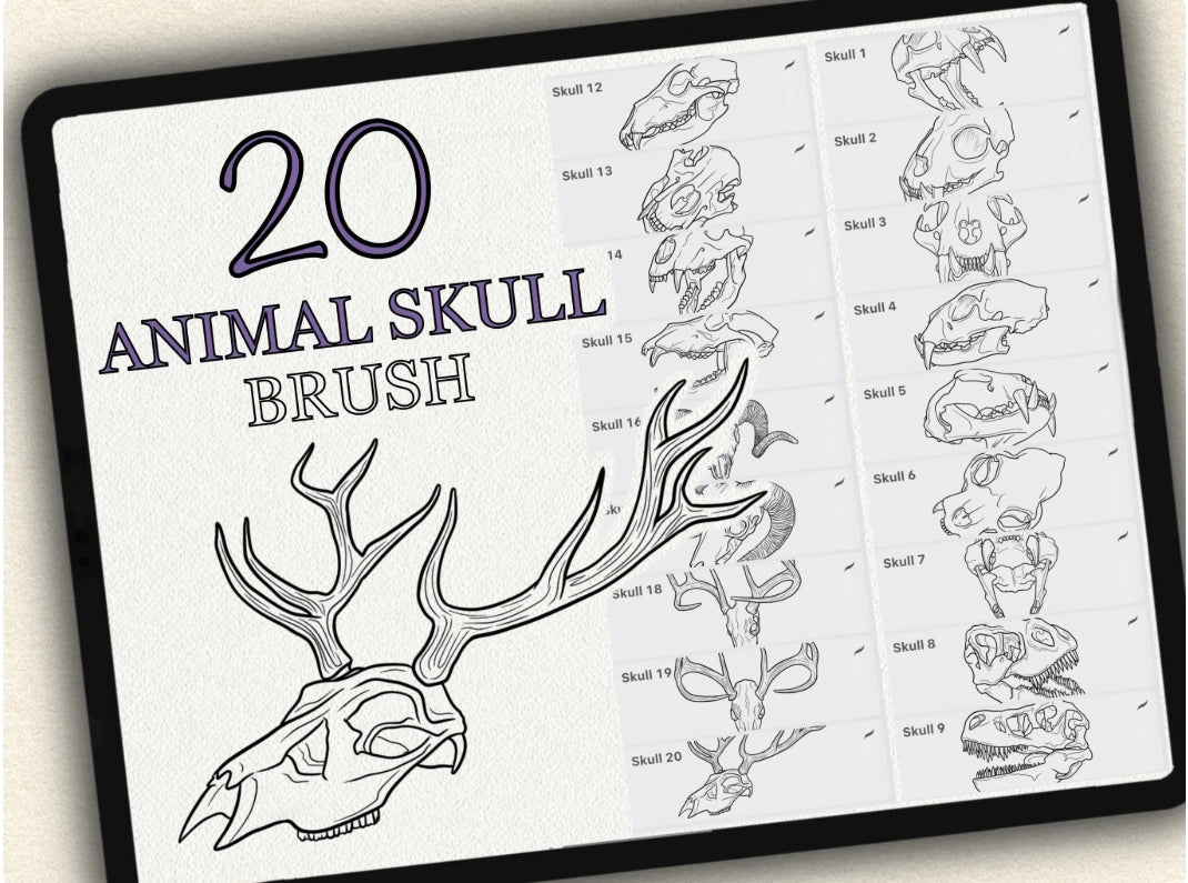 20 Animal Skull Tattoo Brushes – Stamp Set for Procreate, Photoshop & CSP | Collection 2022