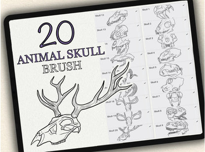 20 Animal Skull Tattoo Brushes – Stamp Set for Procreate, Photoshop & CSP | Collection 2022