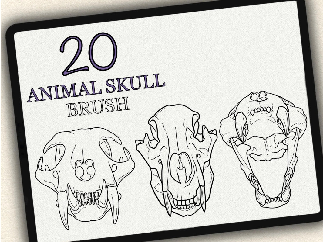 20 Animal Skull Tattoo Brushes – Stamp Set for Procreate, Photoshop & CSP | Collection 2022