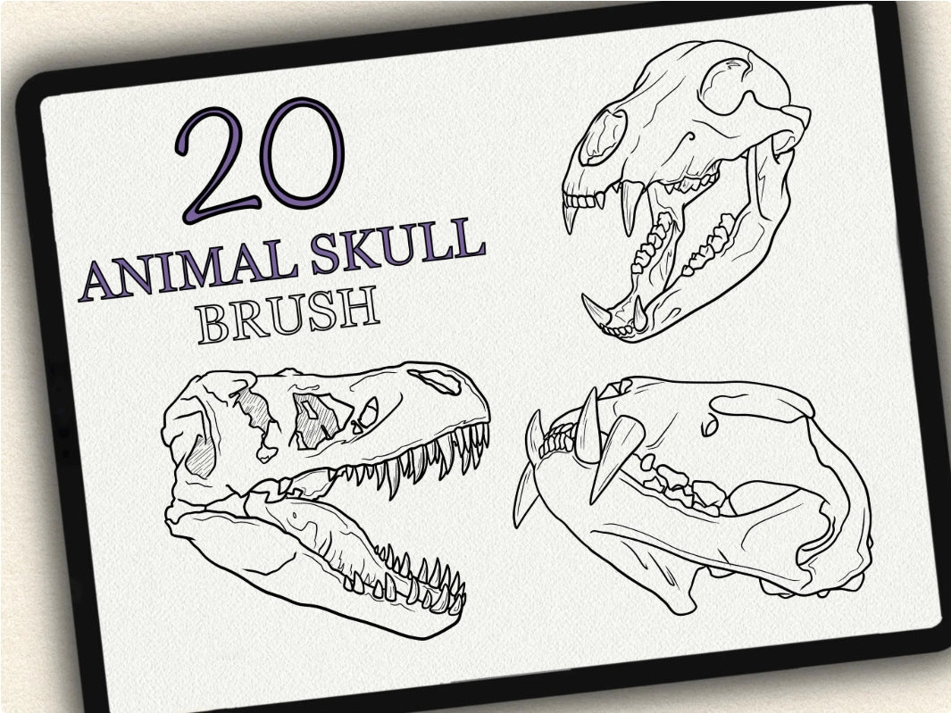 20 Animal Skull Tattoo Brushes – Stamp Set for Procreate, Photoshop & CSP | Collection 2022