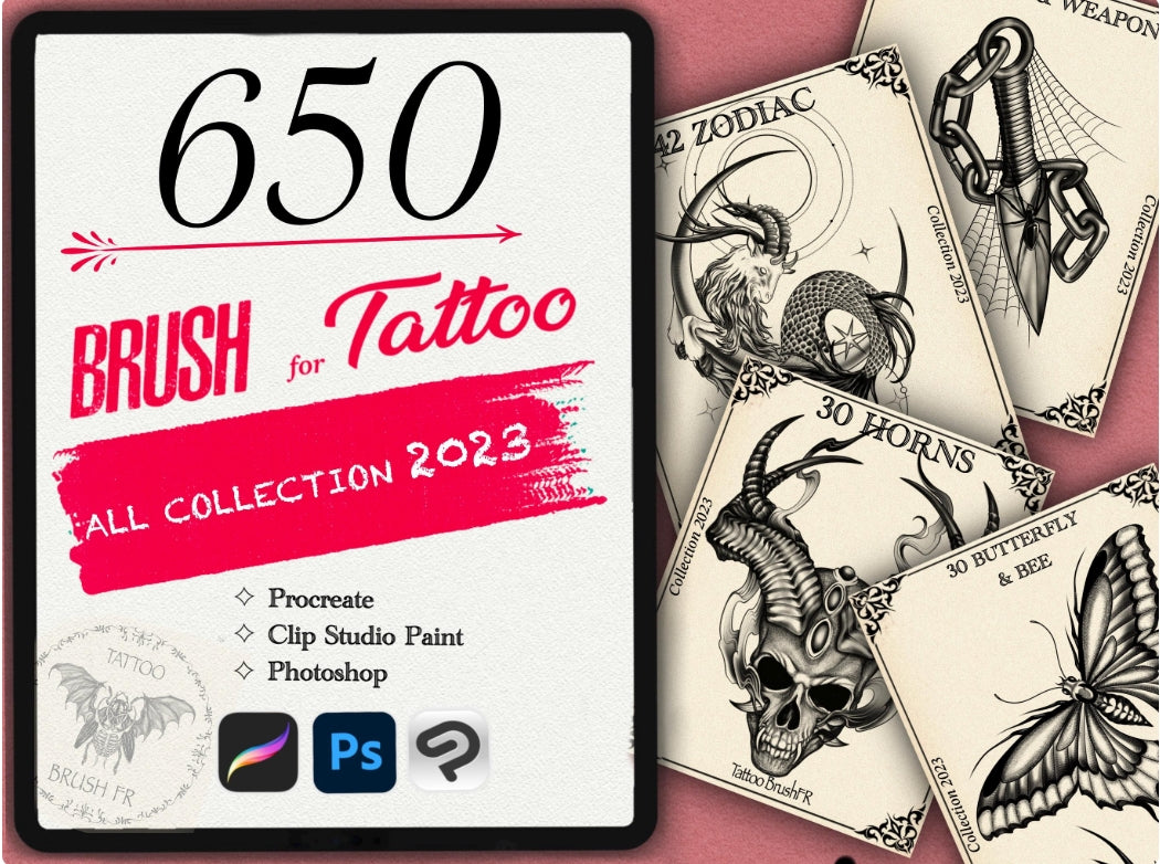 650 Tattoo Brushes – Stamp Set for Procreate, Photoshop & Clip Studio Paint | Collection 2023