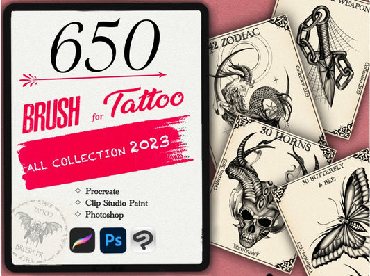 650 Tattoo Brushes – Stamp Set for Procreate, Photoshop & Clip Studio Paint | Collection 2023