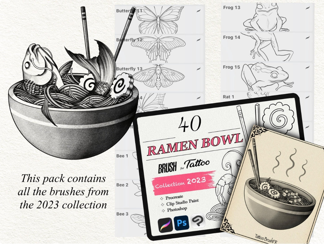 650 Tattoo Brushes – Stamp Set for Procreate, Photoshop & Clip Studio Paint | Collection 2023