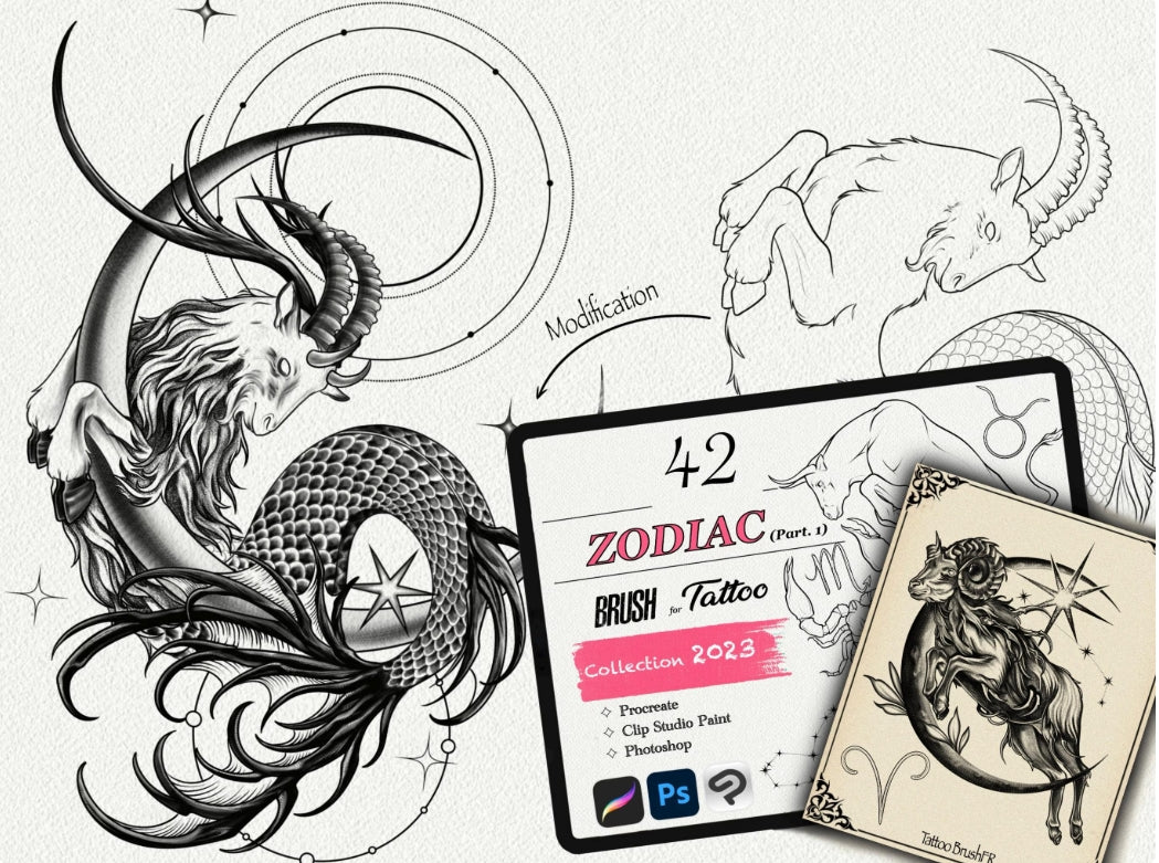 650 Tattoo Brushes – Stamp Set for Procreate, Photoshop & Clip Studio Paint | Collection 2023