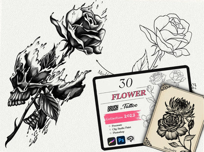 650 Tattoo Brushes – Stamp Set for Procreate, Photoshop & Clip Studio Paint | Collection 2023