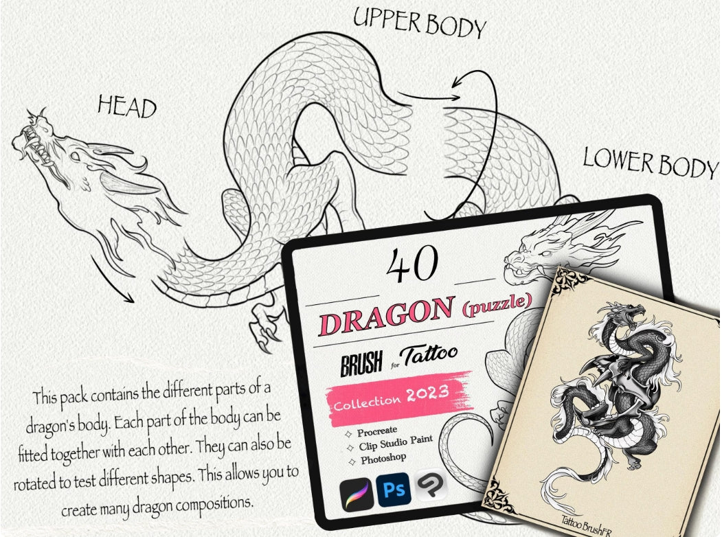650 Tattoo Brushes – Stamp Set for Procreate, Photoshop & Clip Studio Paint | Collection 2023