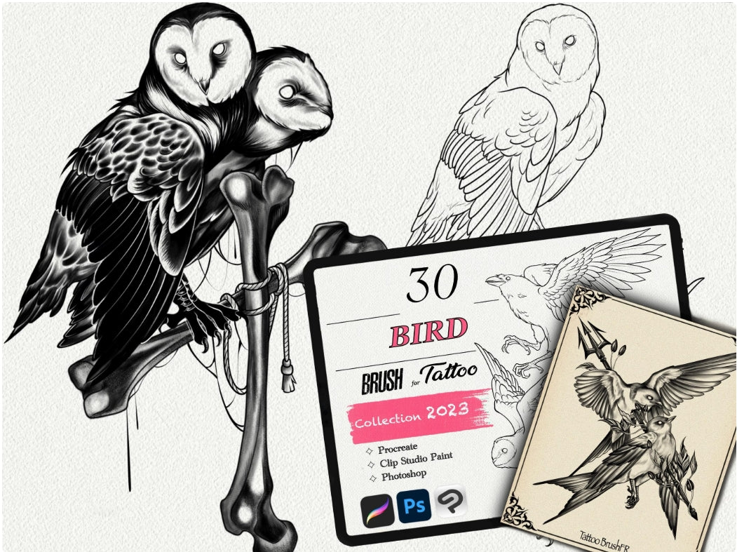 650 Tattoo Brushes – Stamp Set for Procreate, Photoshop & Clip Studio Paint | Collection 2023