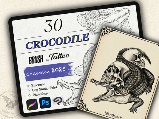 30 Crocodile Theme Tattoo Brushes – Stamp Set for Procreate, Photoshop & CSP | Collection 2025