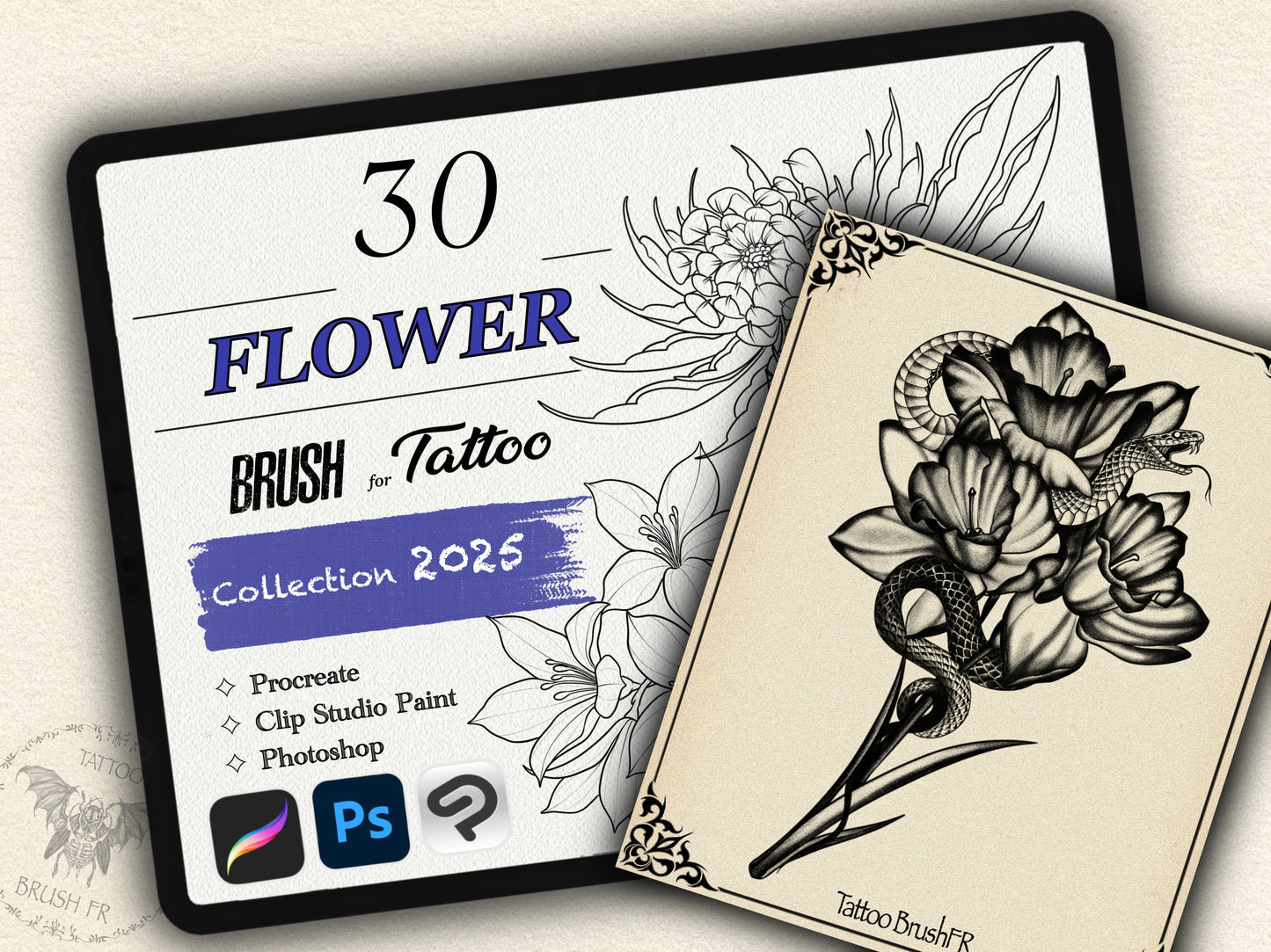30 Flower Tattoo Brushes – Stamp Set for Procreate, Photoshop & CSP | Collection 2025