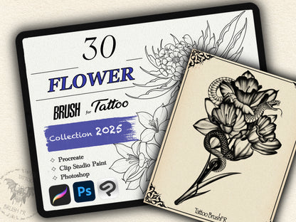 30 Flower Tattoo Brushes – Stamp Set for Procreate, Photoshop & CSP | Collection 2025