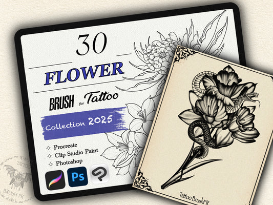 30 Flower Tattoo Brushes – Stamp Set for Procreate, Photoshop & CSP | Collection 2025