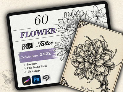 60 Flower Tattoo Brushes – Stamp Set for Procreate, Photoshop & CSP | Collection 2022