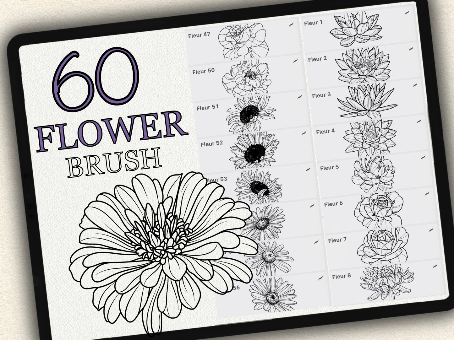60 Flower Tattoo Brushes – Stamp Set for Procreate, Photoshop & CSP | Collection 2022
