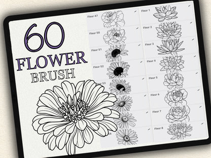 60 Flower Tattoo Brushes – Stamp Set for Procreate, Photoshop & CSP | Collection 2022