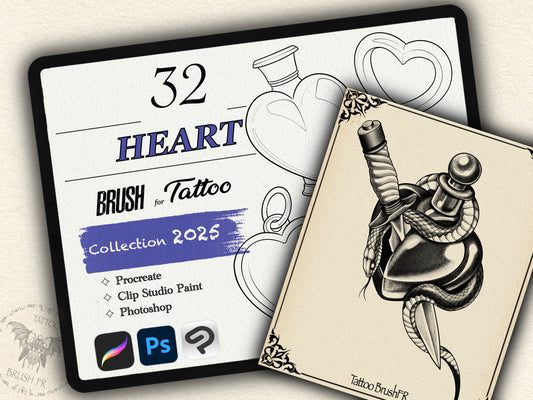 32 Heart Theme Tattoo Brushes – Stamp Set for Procreate, Photoshop & CSP | Collection 2025