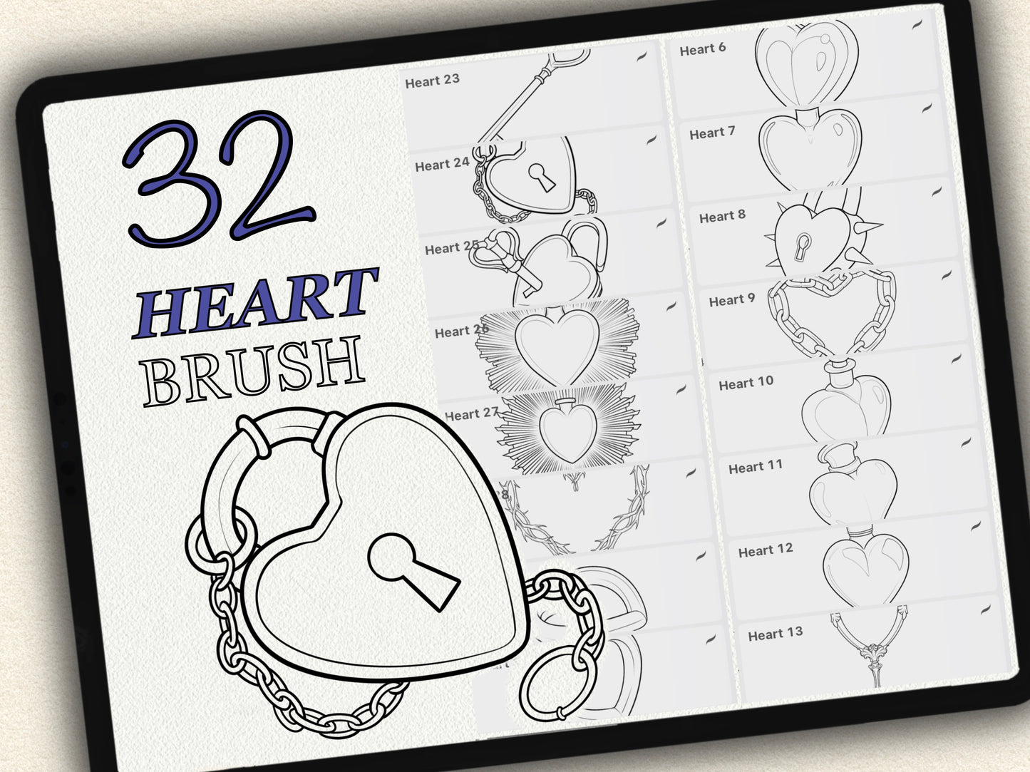 32 Heart Theme Tattoo Brushes – Stamp Set for Procreate, Photoshop & CSP | Collection 2025