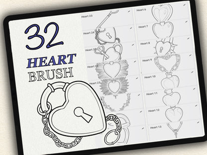 32 Heart Theme Tattoo Brushes – Stamp Set for Procreate, Photoshop & CSP | Collection 2025