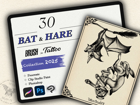 30 Bat & Hare Theme Tattoo Brushes – Stamp Set for Procreate, Photoshop & CSP | Collection 2025